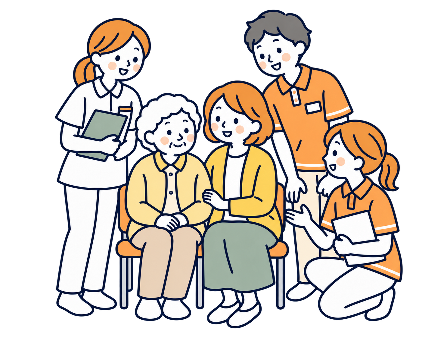 利用者と家族を囲んで、医師や専門職、介護スタッフが話を聞くイラスト