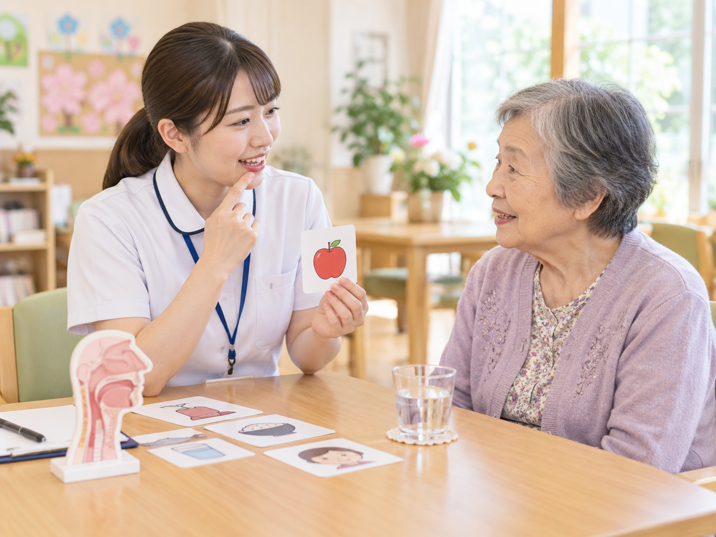 言語聴覚士が絵カードを使ってことばの支援をしている様子